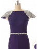 Cap Sleeves Beaded Purple Chiffon Luxurious Evening Dress